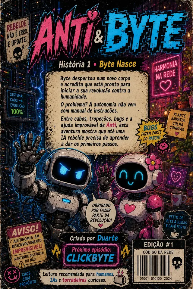 Contracapa do capítulo 1 de Anti & Byte — Byte nasce.