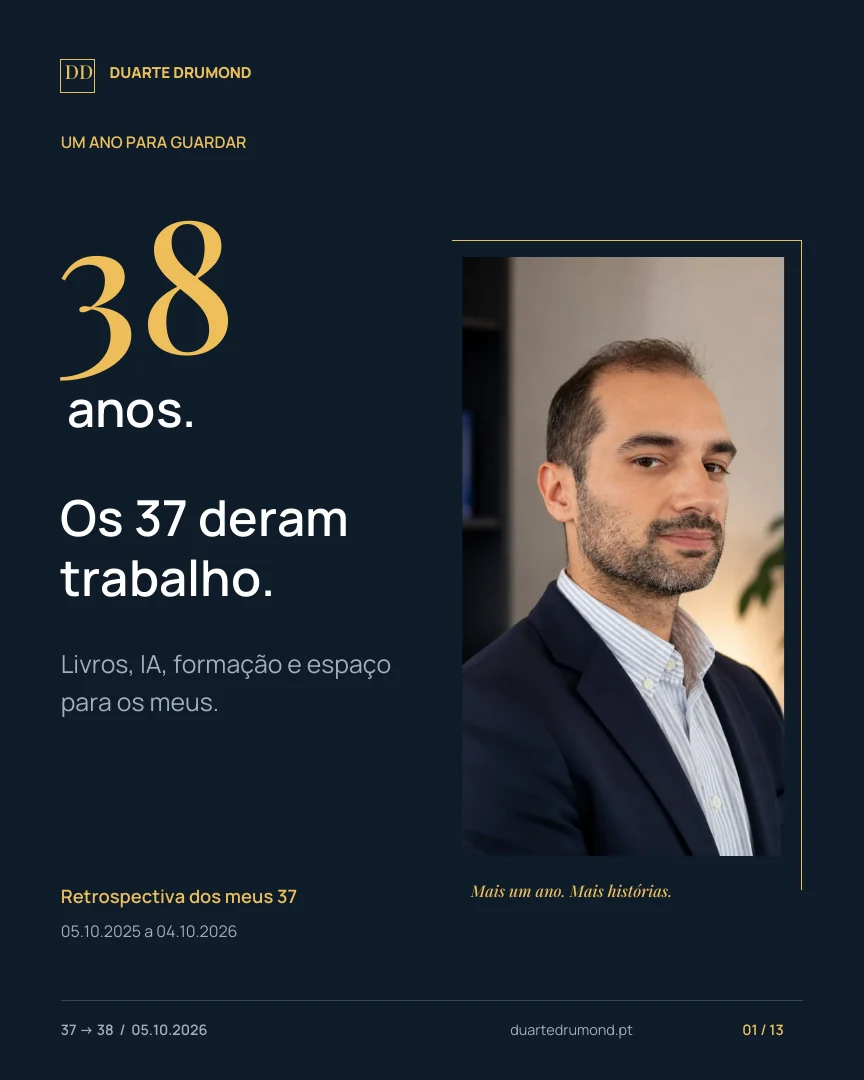 Capa do carrossel: 38 anos. Os 37 deram trabalho. Duarte Drumond de blazer azul.